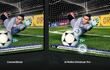 A la izquierda, una imagen de un partido de fútbol en un televisor convencional. A la derecha, la misma imagen en un tv con AI Motion enhancer Pro, donde se nota una mayor definición de la pelota y de las letras.