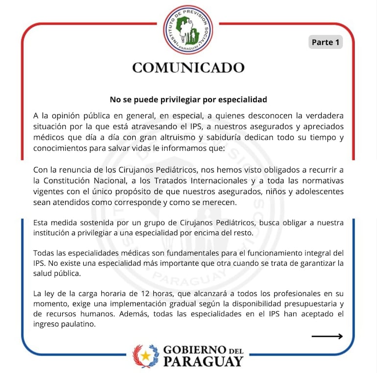 Comunicado del IPS sobre situación del Servicio de Cirugía Pediátrica del Hospital Central.