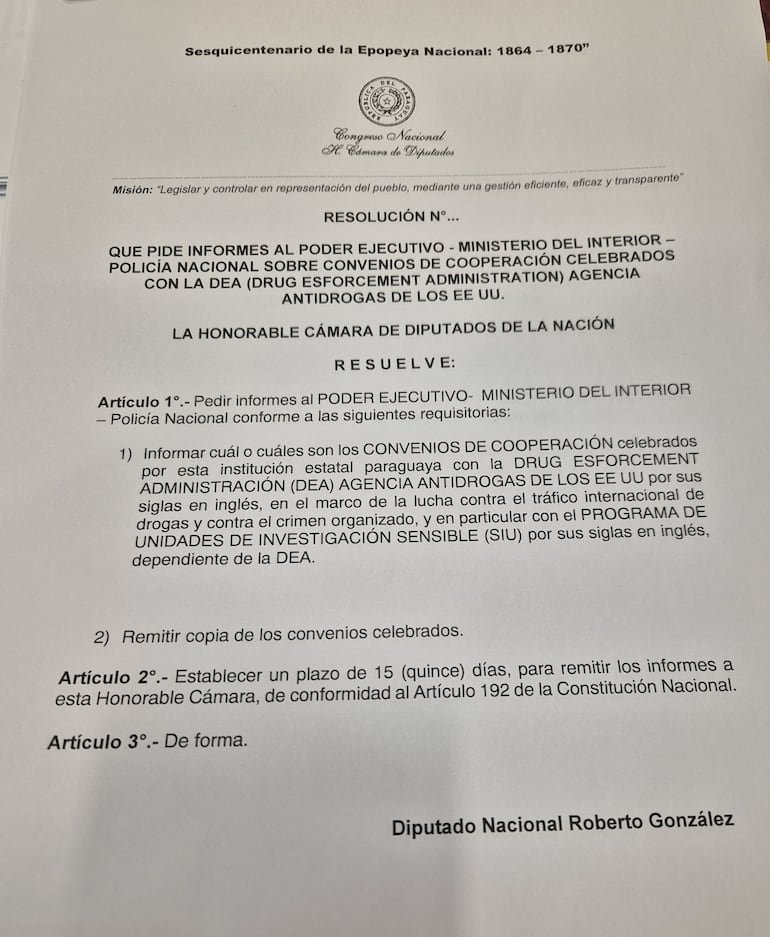 Pedido de informes sobre acuerdos con la DEA.