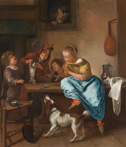 Jan Steen, “La lección de baile“, c. 1660-1679 (Rijksmuseum, Ámsterdam).