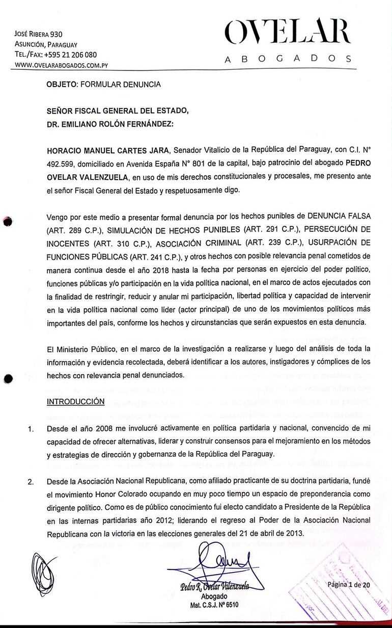 Denuncia de Horacio Cartes presentada ante la Fiscalía.