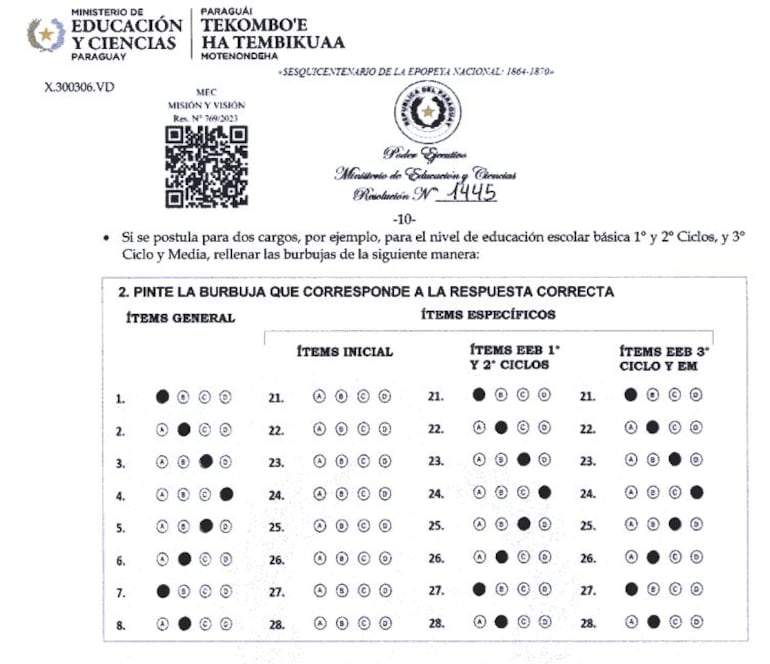 Así será la hoja con los ítems de selección de respuestas del examen para el concurso del MEC.