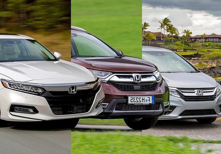 De izquierda a derecha: Honda Accord 2018, Honda CR-V 2018 y Honda Odyssey 2018 y 2019.