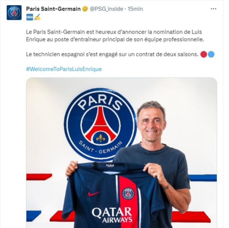 La presentación en redes sociales de Luis Enrique como nuevo entrenador del PSG.