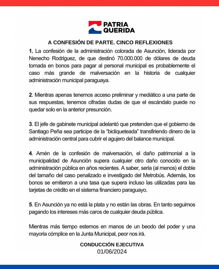 "Cinco reflexiones" del Partido Patria Querida por el caso de desvío de fondos en la Municipalidad de Asunción.