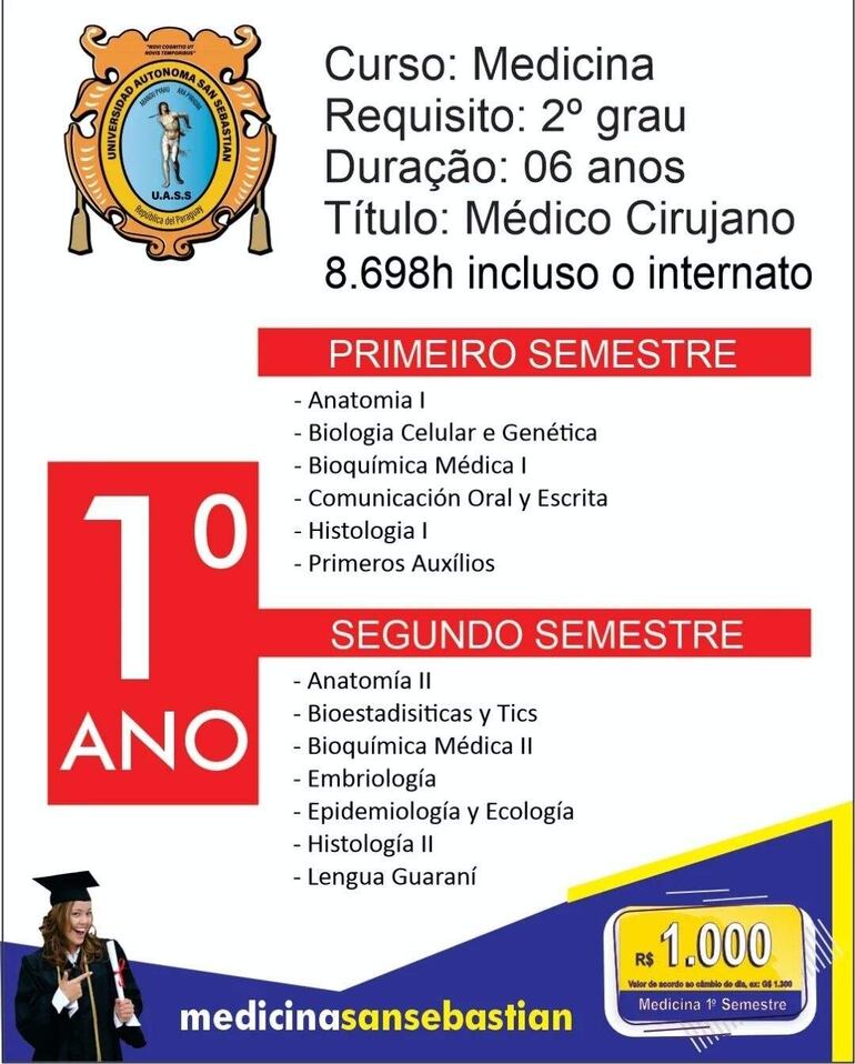 Anuncio que circula en redes con la insignia de la Universidad Autónoma San Sebastián con las materias y precio de cuota para el primer año de la carrera.