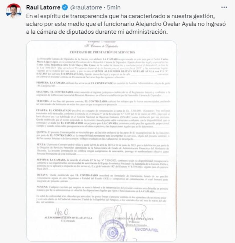 Tuit del presidente de la Cámara de Diputados, Raúl Latorre, en el cual compartió el contrato de prestación de servicios de Alejandro Ovelar (20) -hijo de Silvio Ovelar- en la Cámara de Diputados.