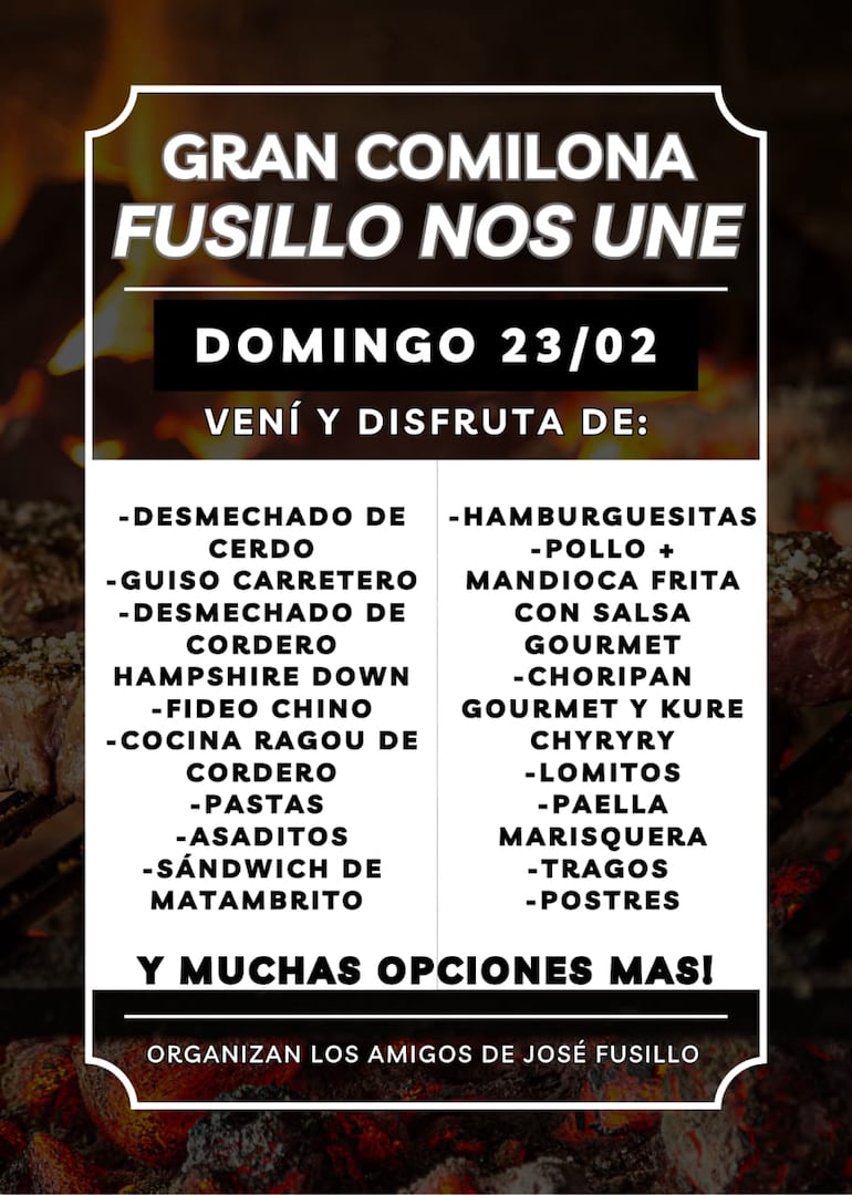 La carta de todo lo que podrán disfrutar aquellos que asista a la comilona.