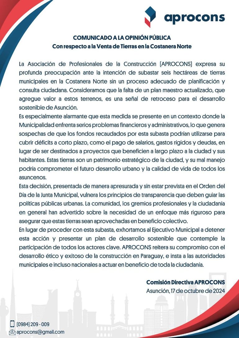 Comunicado de la Asociación de Profesionales de la Construcción (APROCONS).