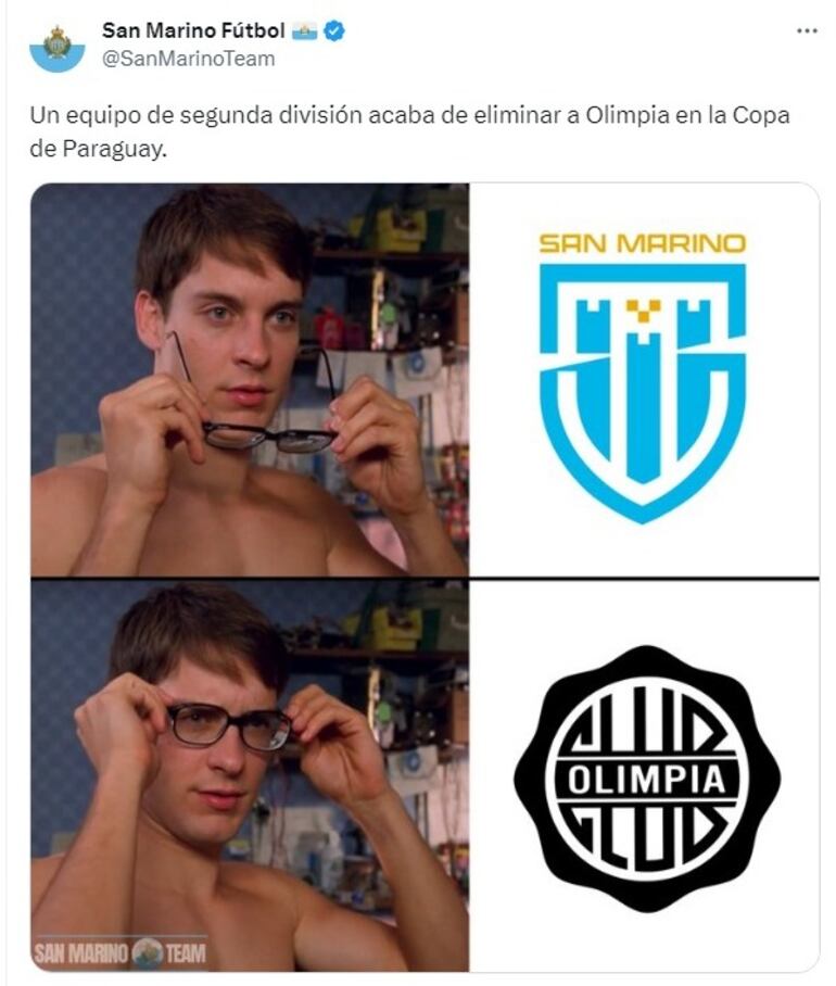 El tuit de San Marino Fútbol por la eliminación de Olimpia ante un equipo de la división del fútbol paraguayo.