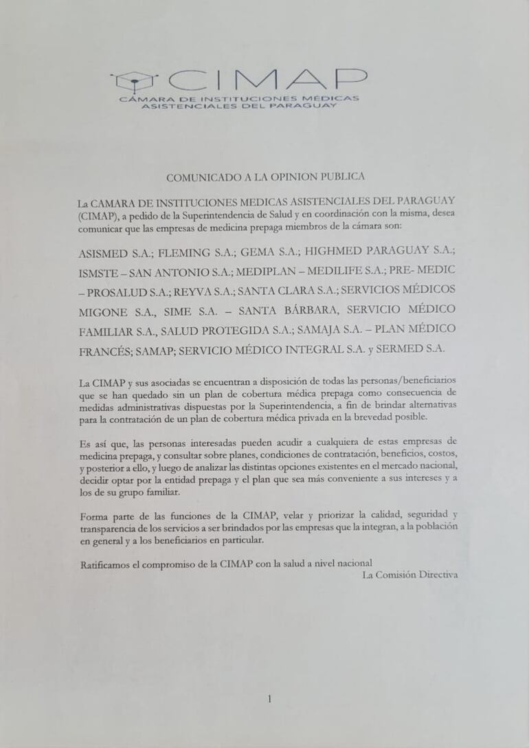 Comunicado de CIMAP. (gentileza).