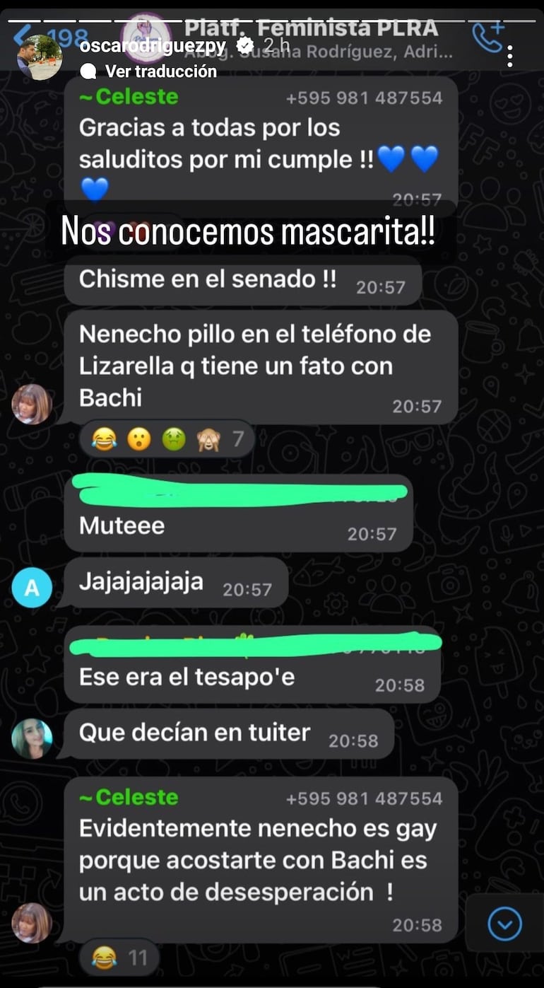 El chat publicado por el intendente de Asunción, Óscar “Nenecho” Rodríguez, en donde la senadora Celeste Amarilla habla de un supuesto amorío entre “Bachi” Núñez y Lizarella Valiente.