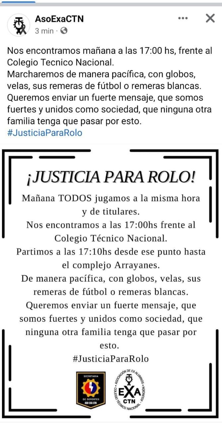 Asociación de exalumnos del Colegio Técnico Nacional (CTN) convocan a una marcha pacífica para exigir justicia por la muerte de Rodolfo Rolo Núñez Scolari en el Complejo Deportivo Los Arrayanes.