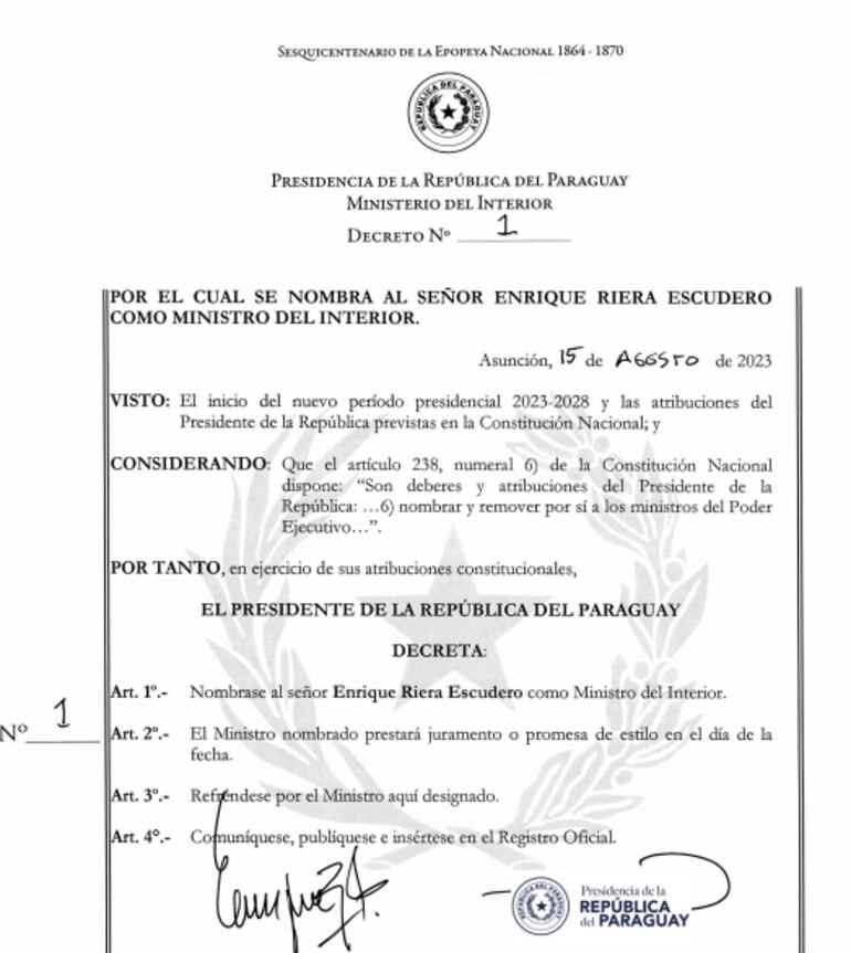 Primer decreto firmado por el Presidente de la República, Santiago Peña.