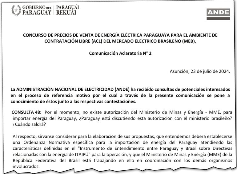 Facsimil del documento publicado por la ANDE en la web de Contrataciones Públicas, con una de las 50 repreguntas que recibió.