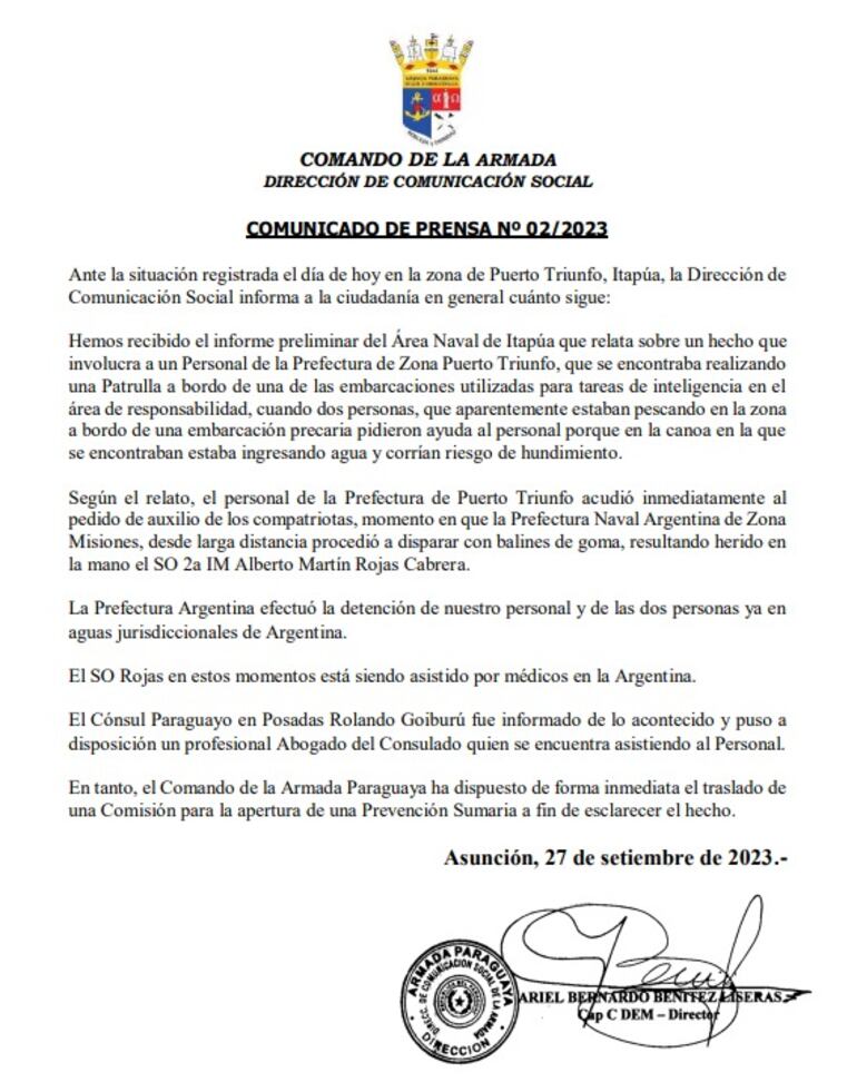 Comunicado de la Armada Paraguaya sobre personal militar paraguayo herido y detenido por sus pares de Argentina.