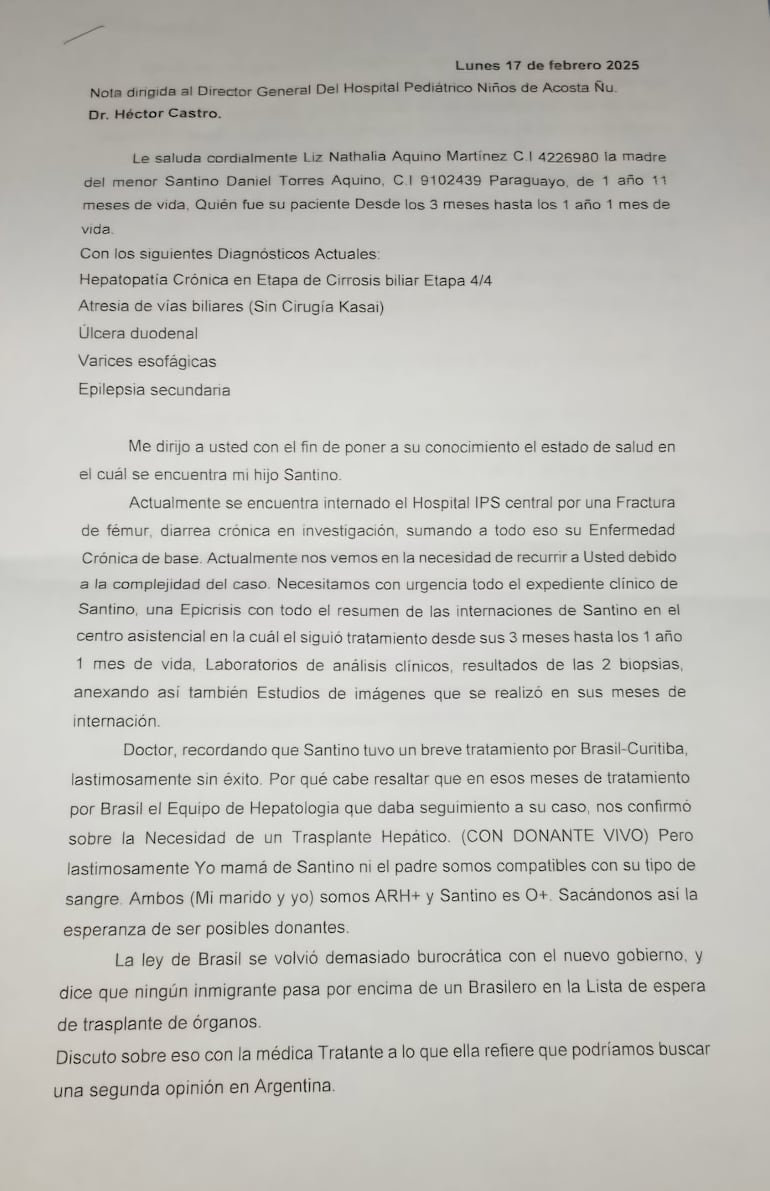 La madre de Santino presentó una nota el lunes último dirigida al doctor Héctor Castro, antes de conocer que hace casi un año fue aprobado el traslado de su bebé al Hospital Garrahan.