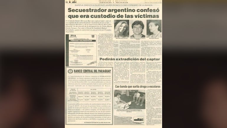 Publicación de ABC Color del 19 de noviembre de 2003, sobre la captura y confesión de Néstor Horacio Barczuk, quien reconoció haber custodiado en cautiverio a Mariángela Martínez y María Mercedes Elizeche.