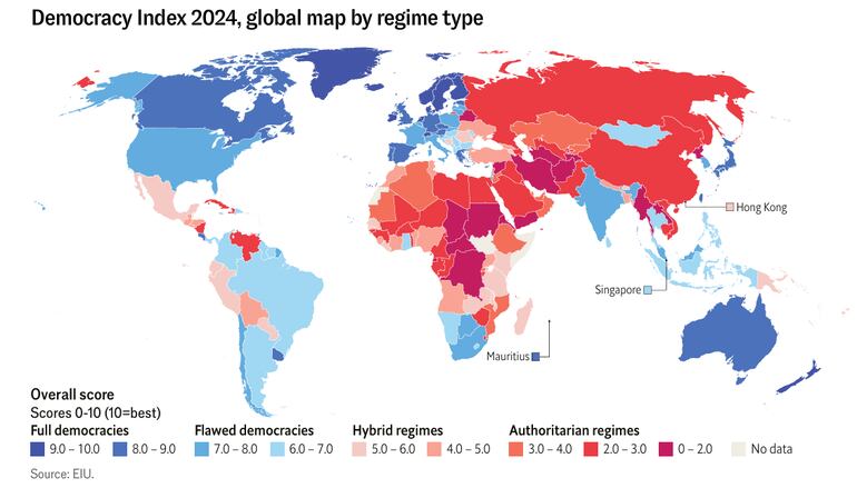 Ranking de Paraguay en el índice de democracia del informe de la UIE del 2024.