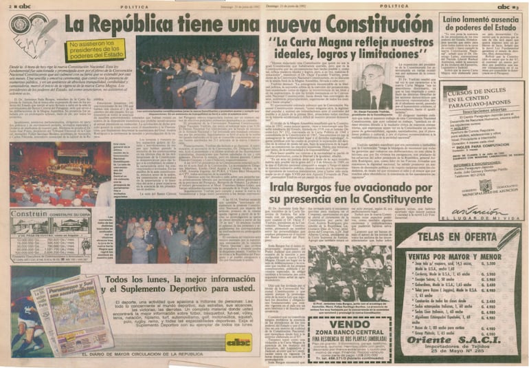 Publicación del diario ABC Color sobre la nueva Constitución Nacional en 1992.