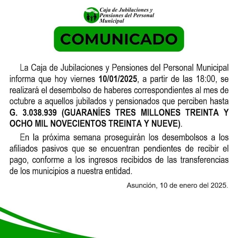 Comunicado de la Caja de Jubilaciones y Pensiones del Personal Municipal.