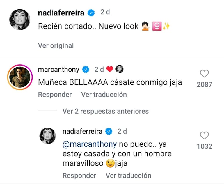 Así fue la reacción de Marc Anthony y Nadia Ferreira inmediatamente le respondió. (Instagram/Nadia Ferreira)