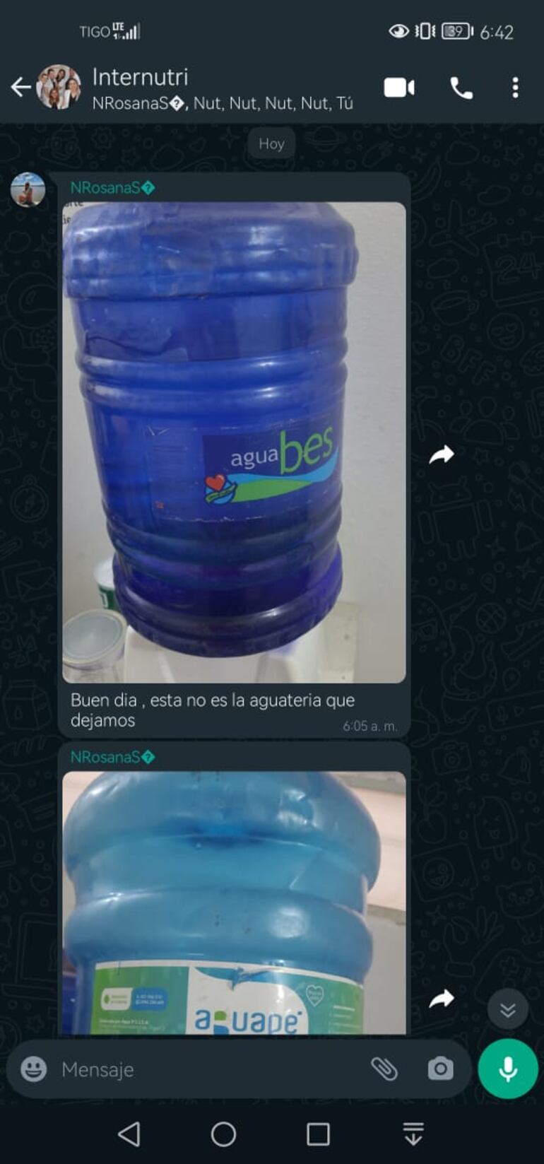 Chat de funcionarias del área de Nutrición en donde la jefa reclama que se compró otro marca de agua.