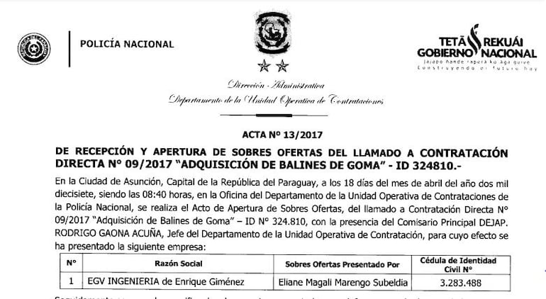 Recepción de oferta para la compra de balines de goma donde Eliane Marengo asiste en nombre de  EGV Ingeniería.