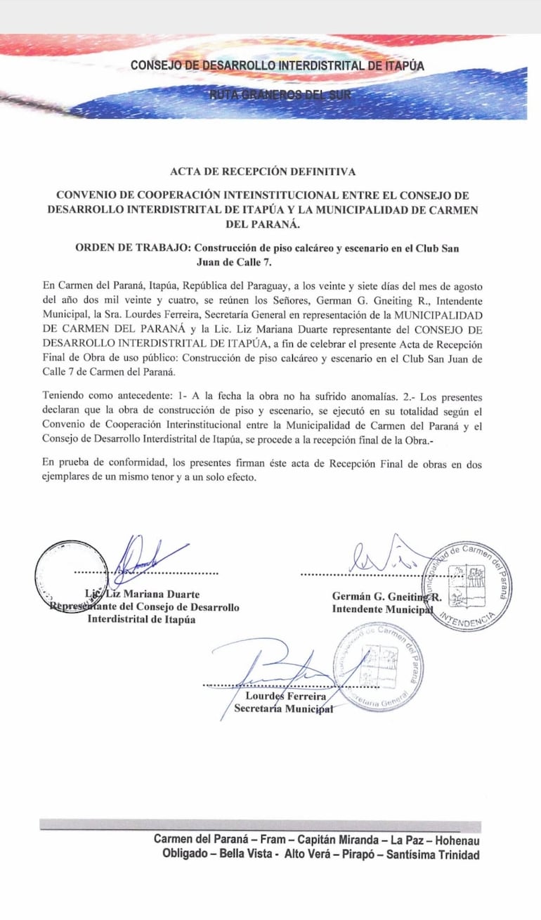 Denuncian que el Consejo de Desarrollo Interdistrital de Itapúa entregó una obra inconclusa en Carmen del Paraná.