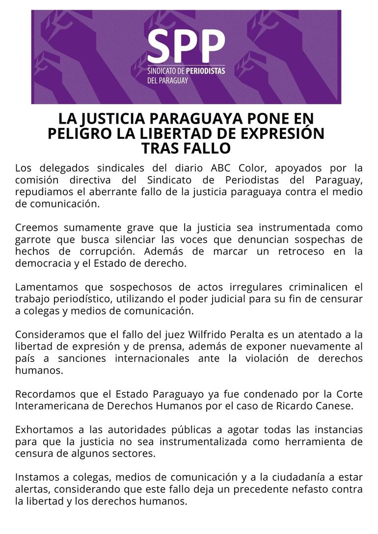 Comunicado del Sindicato de Periodistas del Paraguay (SPP) sobre el juicio en contra del diario ABC Color.