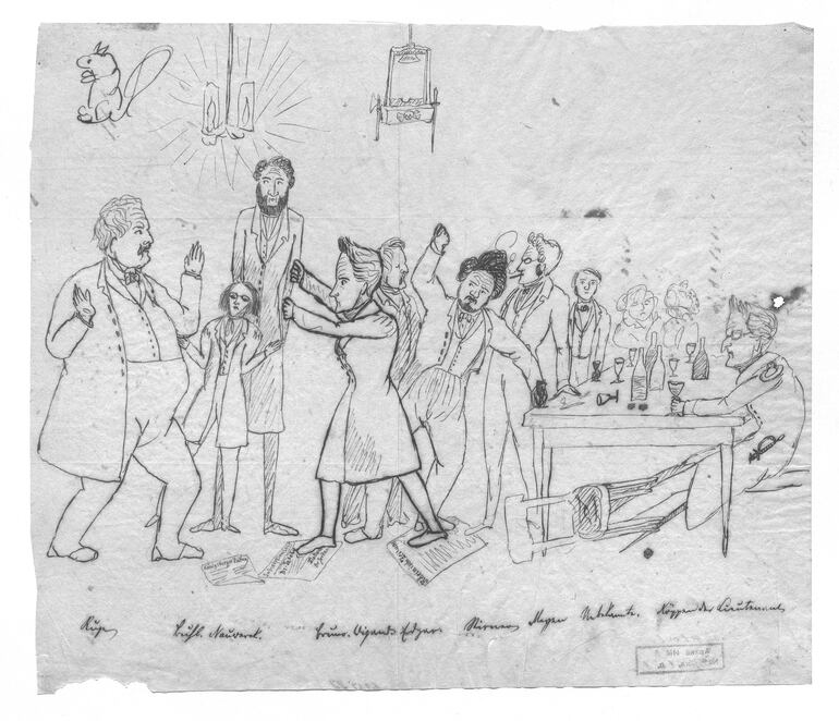 Die Freien (Los libres), dibujo de Friedrich Engels, 1842. Engels dibujó esta obra en una de las reuniones de los Jóvenes hegelianos a las que asistió. Entre otros, distinguimos a Arnold Ruge, Ludwig Bühl, Carl Nauwerck, Bruno Bauer, Otto Wigand, Edgar Bauer, Eduard Meyen, Karl Friedrich Köppen y Max Stirner.