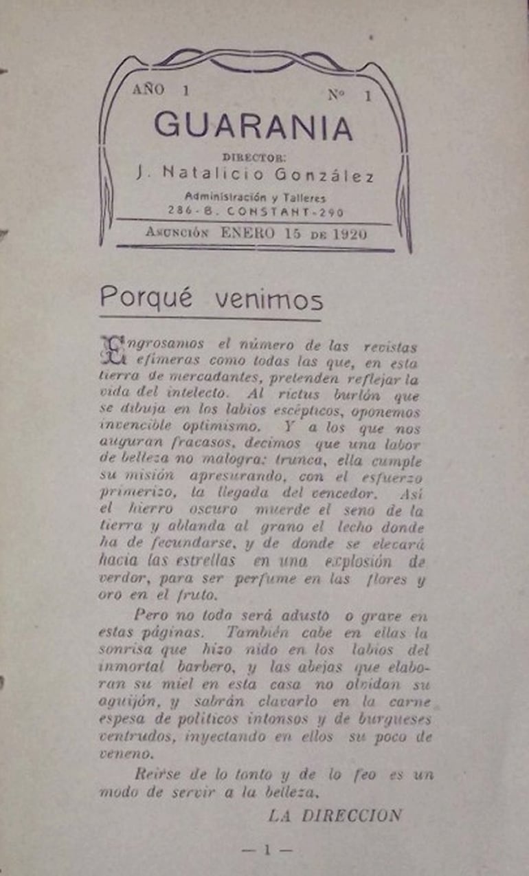 Revista Guarania número 1, 15 de enero de 1920 (Museo Andrés Barbero).