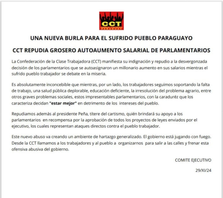 Comunicado de la CCT.