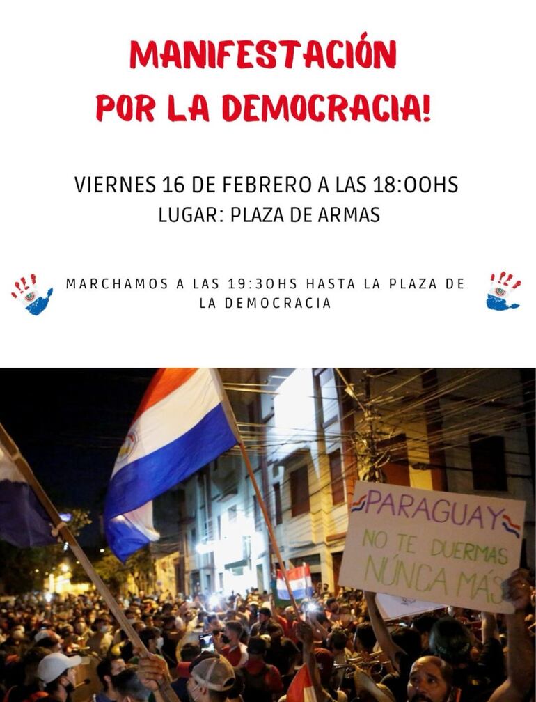 Convocatoria a la manifestación por la democracia, hoy, a las 18, en la plaza de Armas frente al Congreso Nacional.