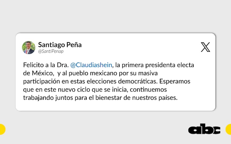 El mensaje de felicitaciones de Santiago Peña hacia Claudia Sheinbaum.