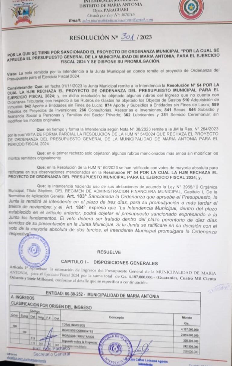 Resolución N° 301/2023 por la cual el intendente promulgó el proyecto de ordenanza de gastos de la Municipalidad de María Antonia. 