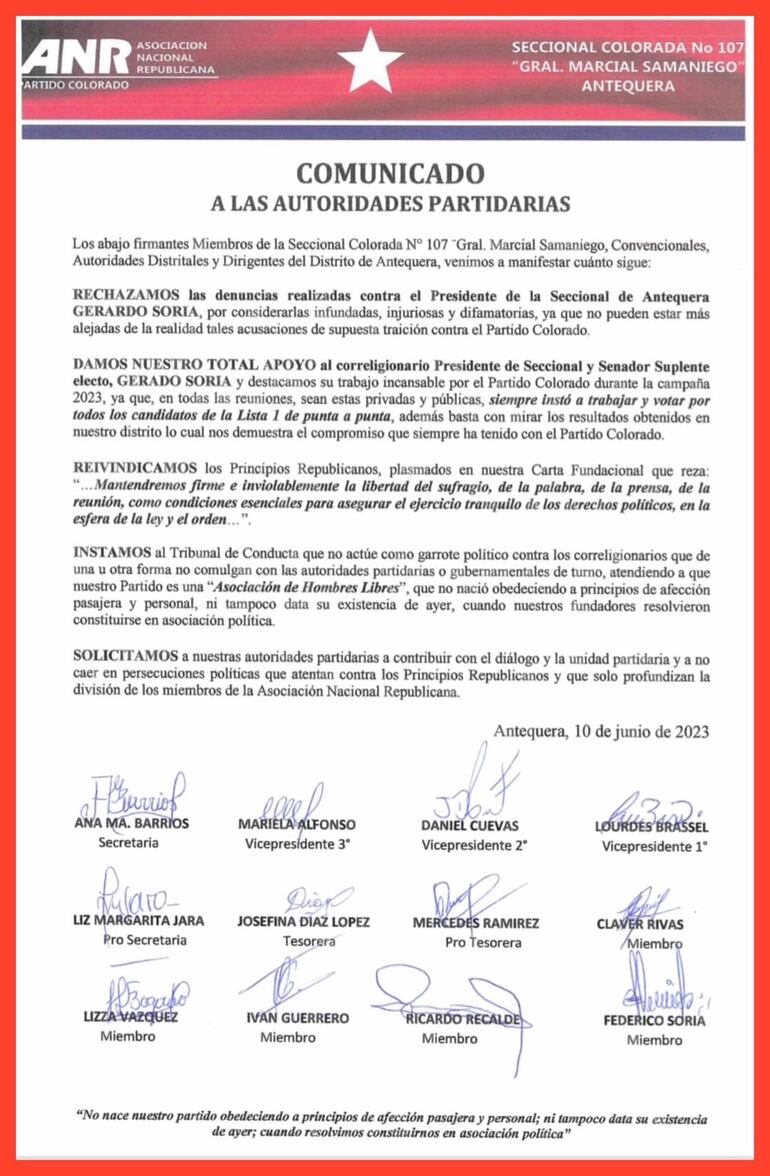 Nota presentada por los miembros de la Seccional de Puerto Antequera.