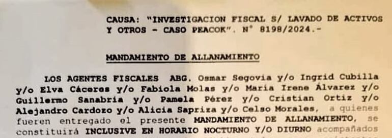 Fragmentos de los documentos publicados por el senador Rafael Filizzola en su cuestionamiento a la orden del juez Osmar Legal sobre el allanamiento a la casa del diputado Eulalio Lalo Gomes.