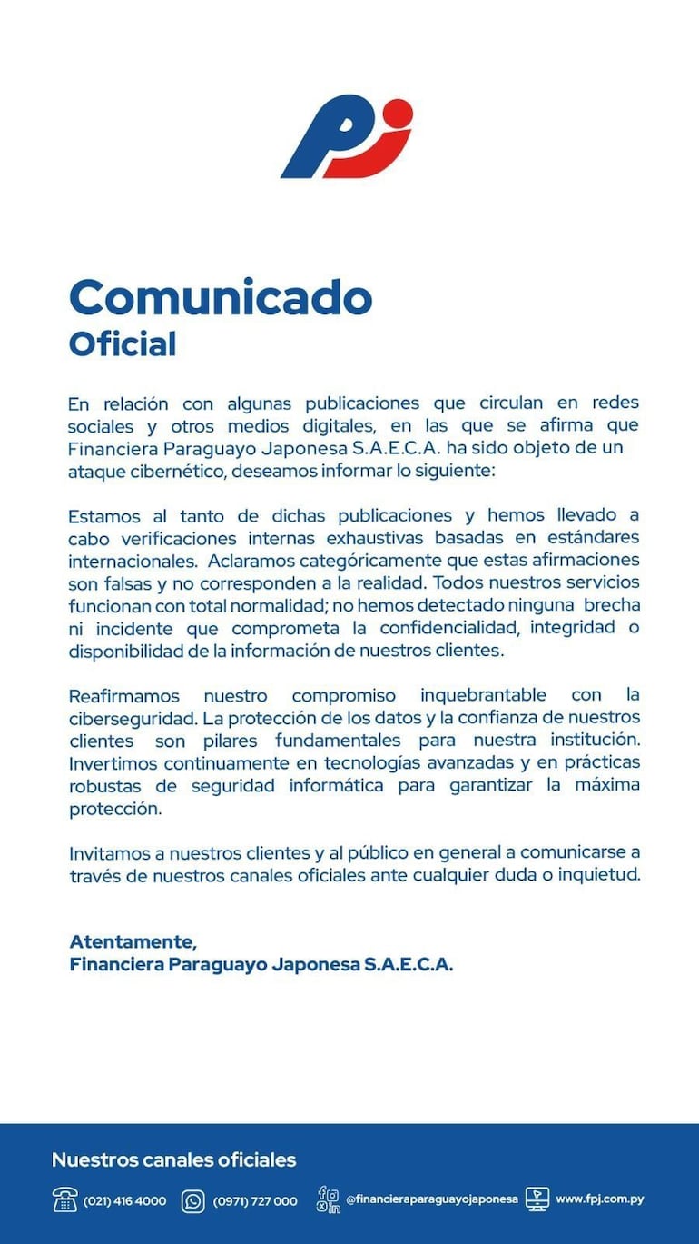 Comunicado de la Financiera Paraguayo Japonesa.