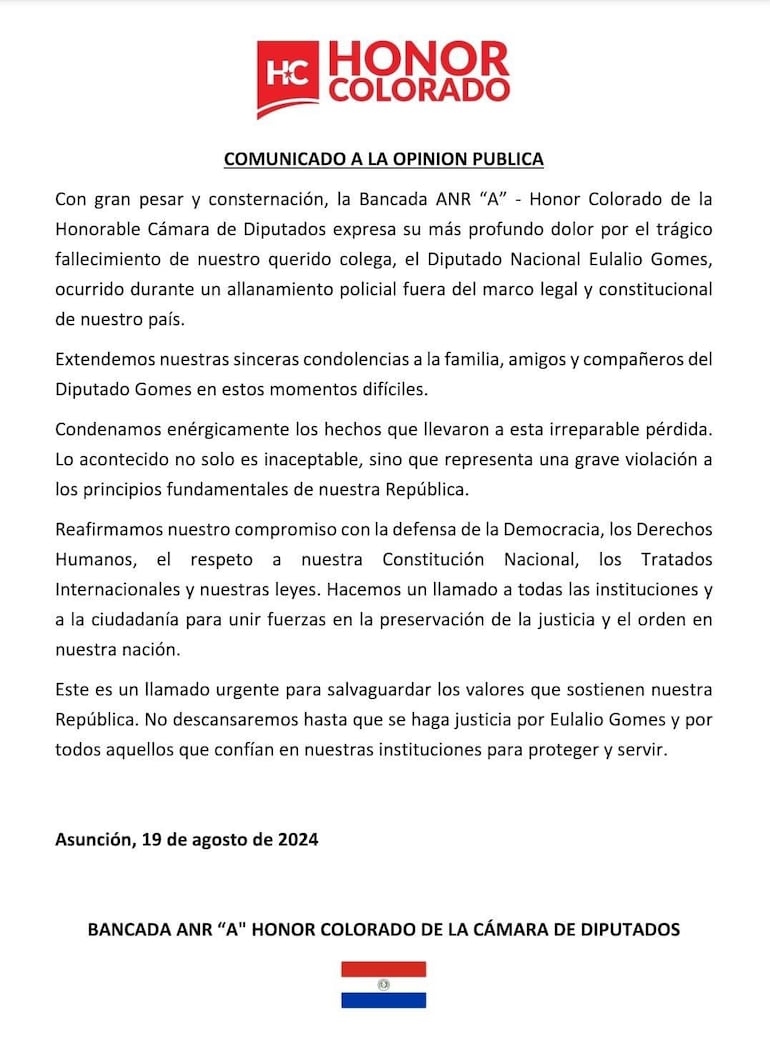 Comunicado de bancada "A" de Honor Colorado de la Cámara de Diputados. (gentileza).