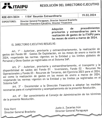 El documento está firmado por todos los directores de Itaipú, que son 12 en total.