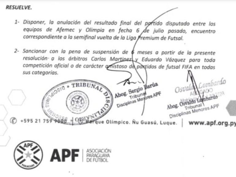 La resolución de la APF sobre la segunda semifinal de la Liga Premium de Futsal FIFA entre Olimpia y Afemec.