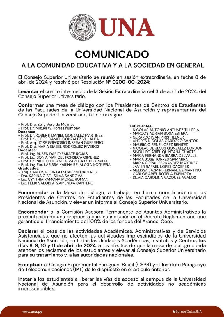 Comunicado del Consejo Superior Universitario que decidió suspender las actividades de la UNA hasta el 11 de abril.