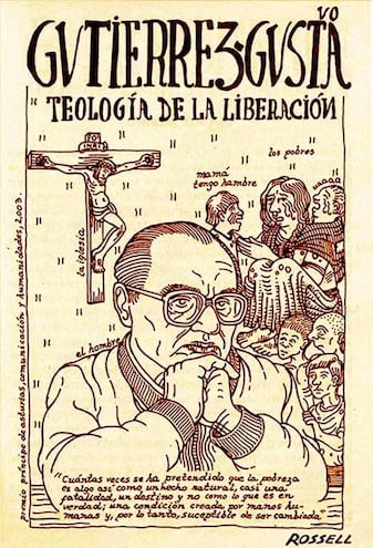 El padre Gustavo Gutiérrez en un dibujo de Lucho Rossell, al estilo del cronista Guamán Poma de Ayala