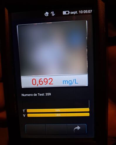 Imagen compartida por la Patrulla Caminera: prueba de alcotest con resultado positivo.