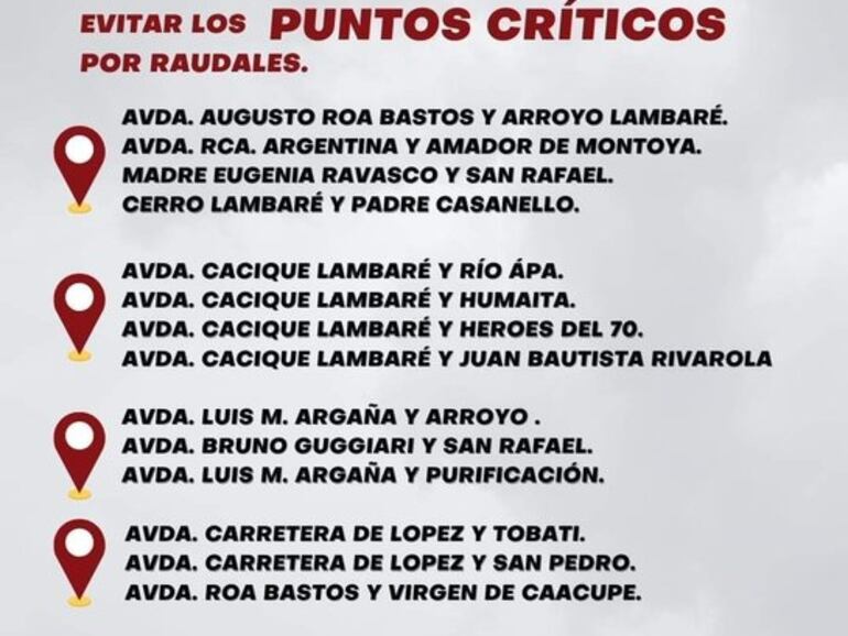 Avenidas y calles de Lambaré que se recomienda no transitar en días de fuertes lluvias.