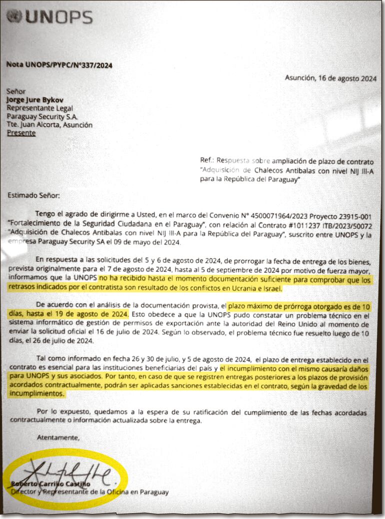 Nota remitida el 16 de agosto último en la cual se mencionaba el incumplimiento de la contratista.