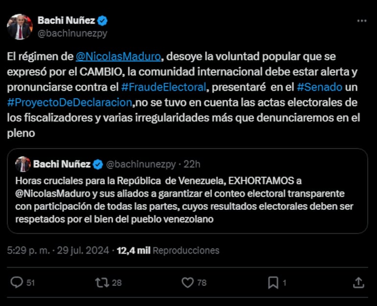 Tweet de Bachi Núñez sobre elecciones en Venezuela.