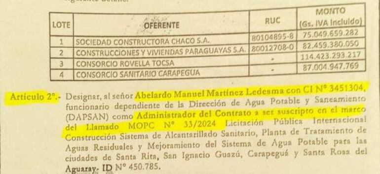 Contrato para la construcción de los alcantarillados sanitarios en varios puntos del país donde resalta el administrador del contrato. 