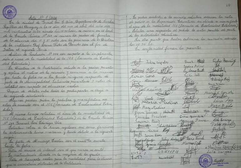 El acta firmado por los padres de familia luego de la reunión con la directora de la institución y en donde solicitan la suspensión de la clase de escolaridad extendida por falta del almuerzo escolar.